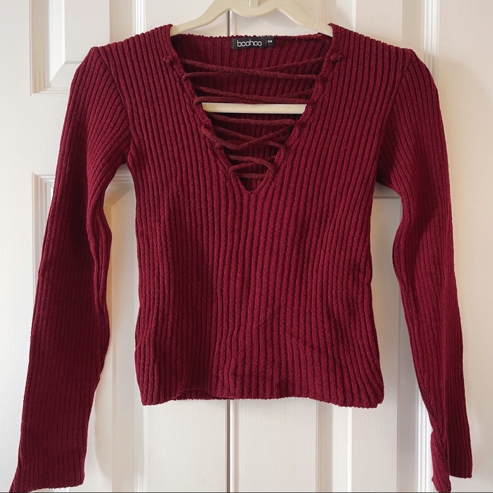 Boohoo Lace-Up Front Sweater Top